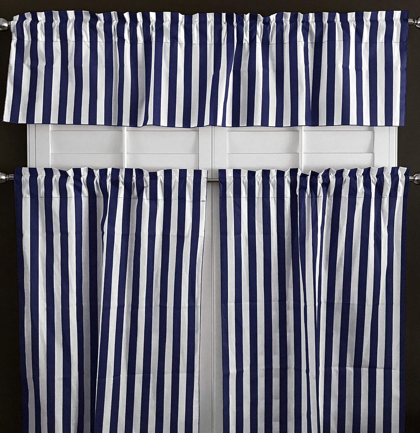 lovemyfabric Cotton Blend Striped Print 3 Piece Kitchen Curtain Tier/Valance Window Treatment Set (Navy Blue & White)