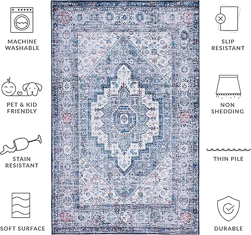 Miniatura 4 de SAFAVIEH Tucson Collection - Alfombra de área de 6 x 9 pies, diseño de medallón persa, no desprende pelusa, lavable a máquina y antideslizante,