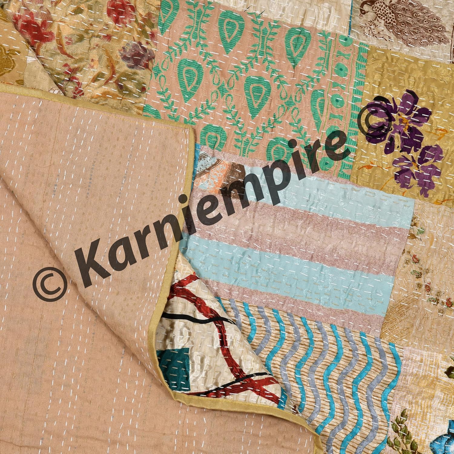 Indian Patchwork Kantha Quilt Throw Handmade Silk Sari Patola Ethnic Reversible Bohemian Bedding Bedspread Vintage Stitched Boho Gudri Blanket Bed Sofa Cover Decorative (Twin [60"X90"], Beige)