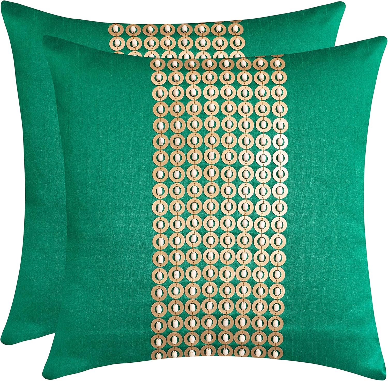 The White Petals Emerald Green Gold Decorative Pillow Cover - Beaded Embroidery - Luxurious, Festive & Decorative (16x16 inch, Pack of 2)