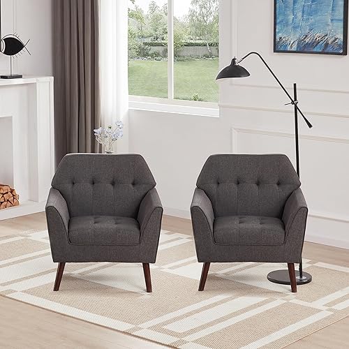 Miniatura 31 de Kingfun Sillas decorativas de tela de lino para dormitorio, sillón moderno de mediados de siglo para sala de estar, lectura cómoda, silla de sofá