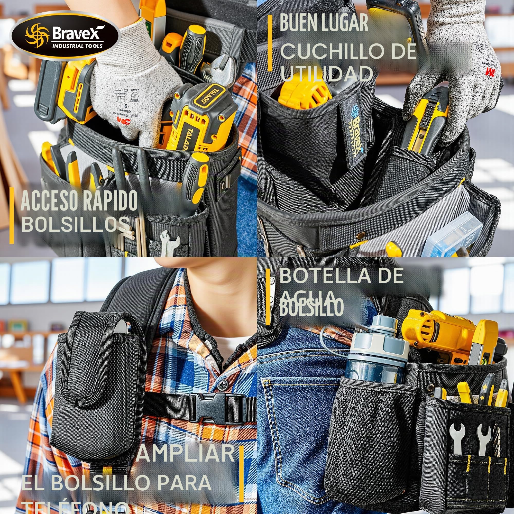 Bravex Cinturón de herramientas ultra antidesgaste con tirantes, 10 bolsillos principales y bolsillos más pequeños, fundas, bolsa para botella de agua