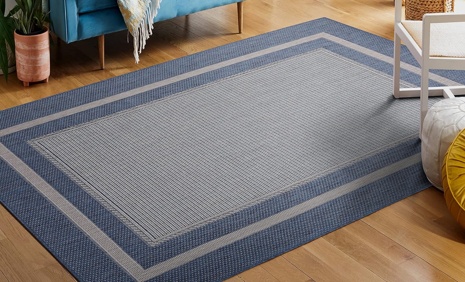 Modern Bordered Indoor Outdoor Area Rug Weather Resistant Outdoor Carpet for Porch Deck Balcony Backyard Patio Rug 8x10 Gray, Blue