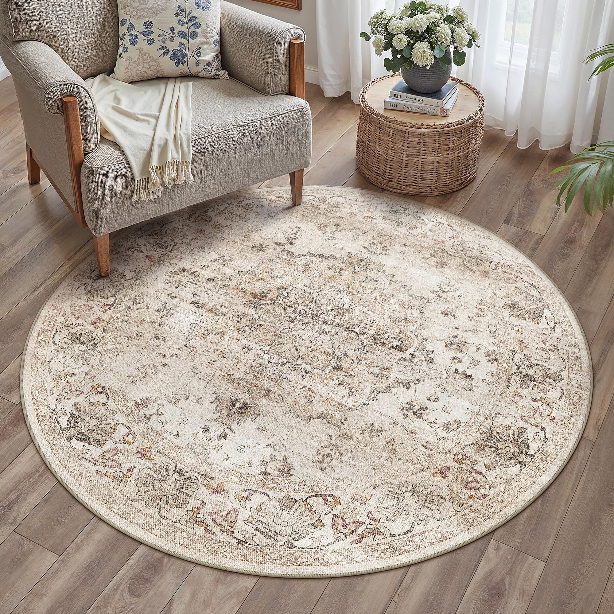 PureCozy Beige Teppich Rund 120cm Runder Vintage Waschbarer Tepich for Living Room Kurzflor rutschfest Weich Böhmischen Braun Carpet für Küchen Wohnzimmer Schlafzimmer Esszimmer Bedroom