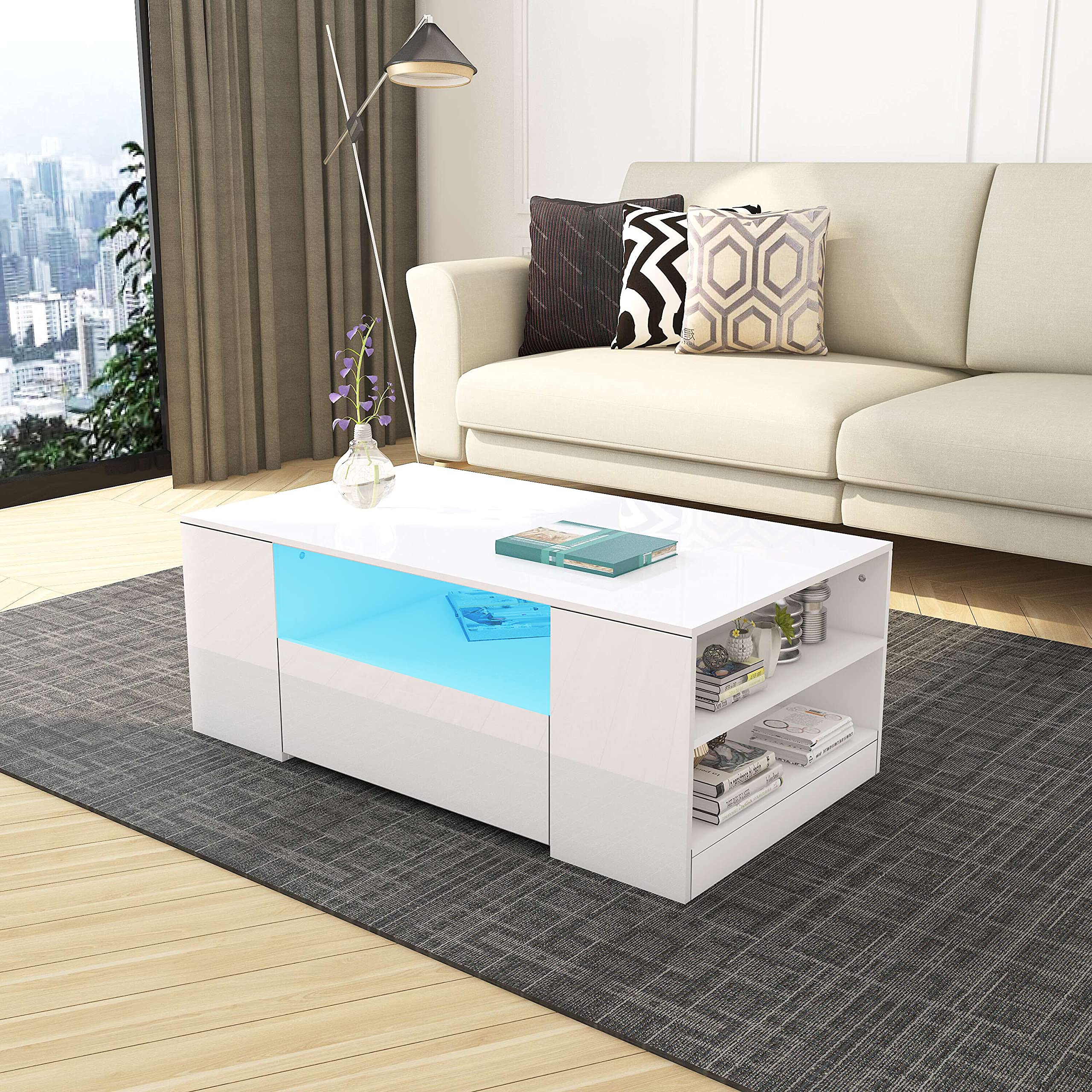 Senvoziii Universal Coffee Table with 2 Storage Drawer 4 Shelf 1 Open Case All High Gloss Modern Sofa Table Side Table for Living Room Furniture 95 x 55 x 37 cm