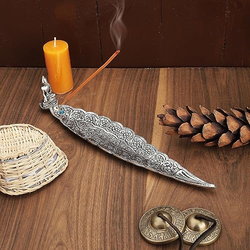 Miniatura 4 de Ajuny Quemador de incienso de aluminio con colector de cenizas, acabado plateado, estilo tibetano, soporte de incienso de 12.1 in, ideal para