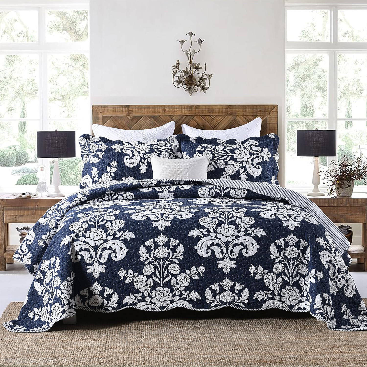 Haowenuan King Quilt Set Cotton Navy King Size Quilt,Navy