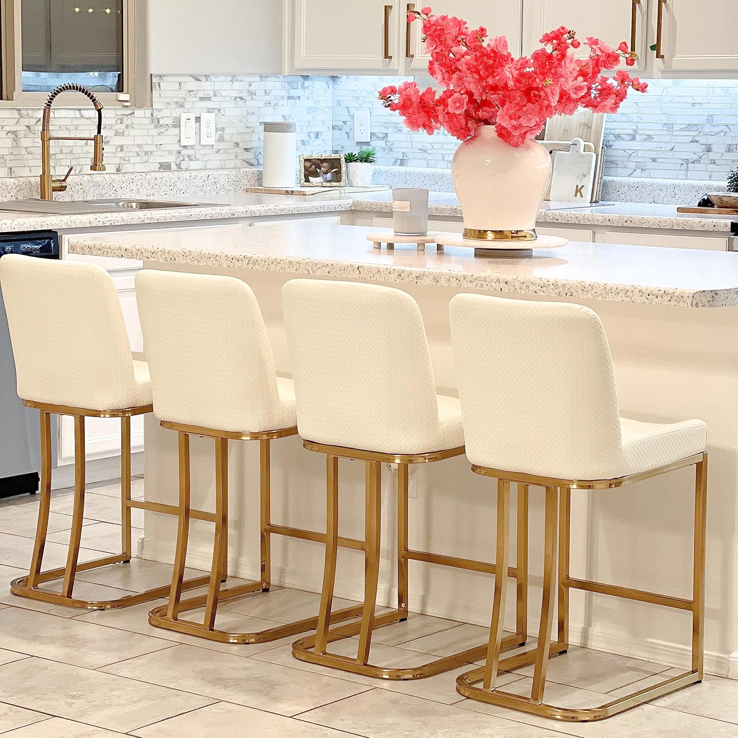 MAISON ARTS Off White & Gold Counter Height Bar Stools with