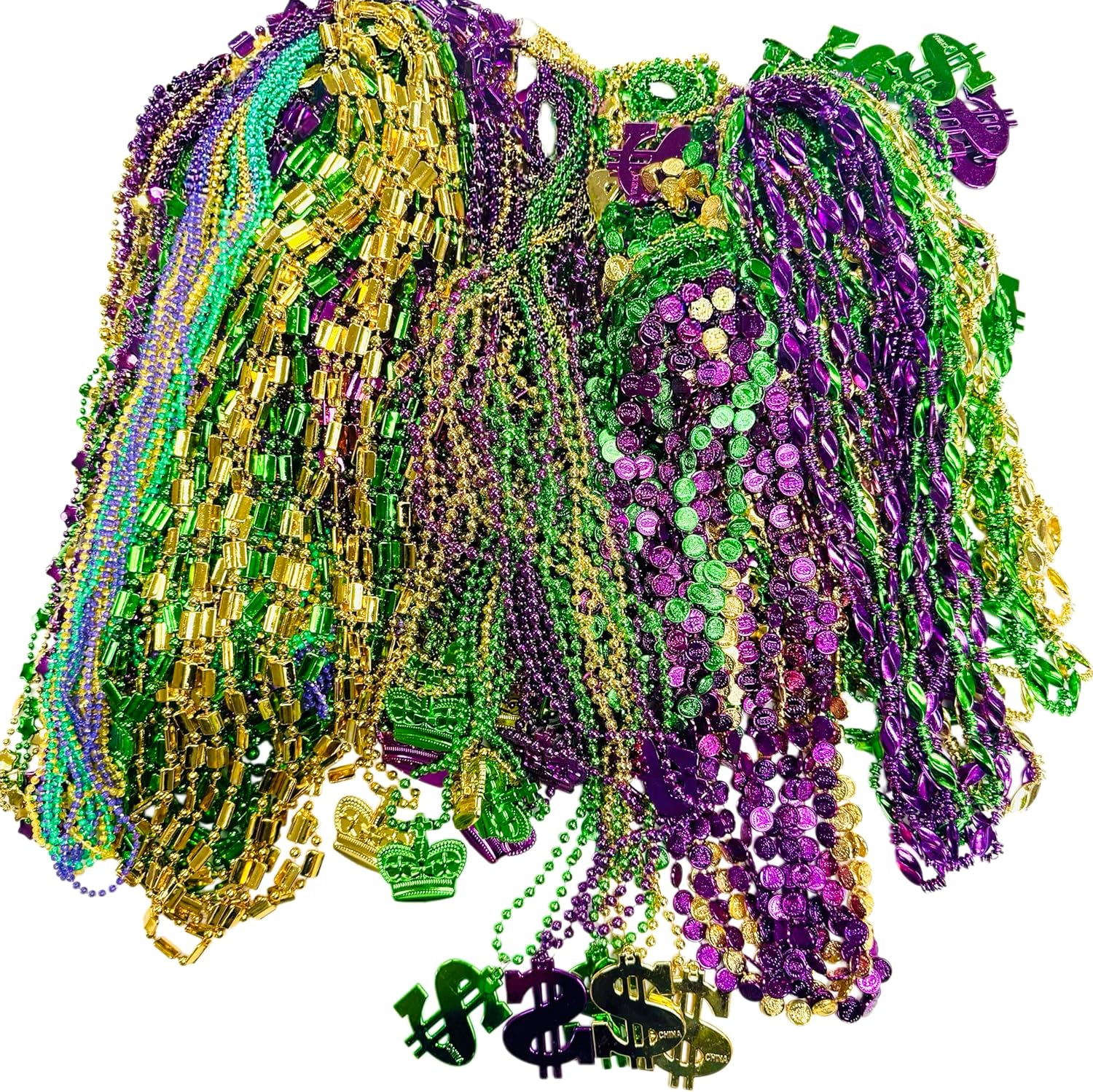 GiftExpress 300 Pcs Mardi Gras Bead Necklaces Bulk Up to 48 Inch Long, Metallic Purple Green Gold Party Beads with Assorted Charms, Throw Beads for Parades, Carnival Masquerade Party Favors