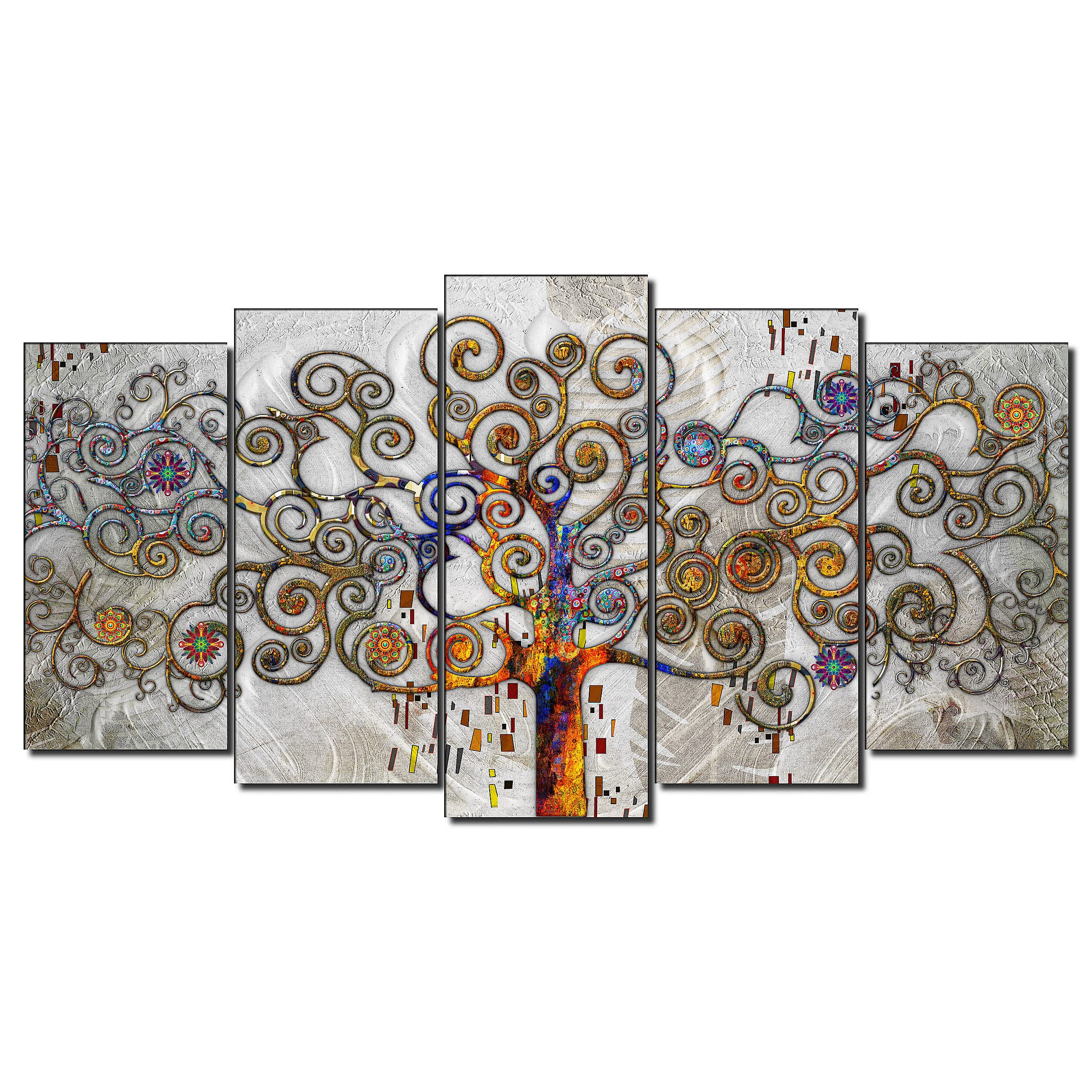 DekoArte - Cuadros Modernos Impresión Imagen Artística | 5 Piezas 150x80cm | Lienzo Decorativo Para Salón o Dormitorio | Estilo Abstractos Árbol de la Vida de Gustav Klimt Plata