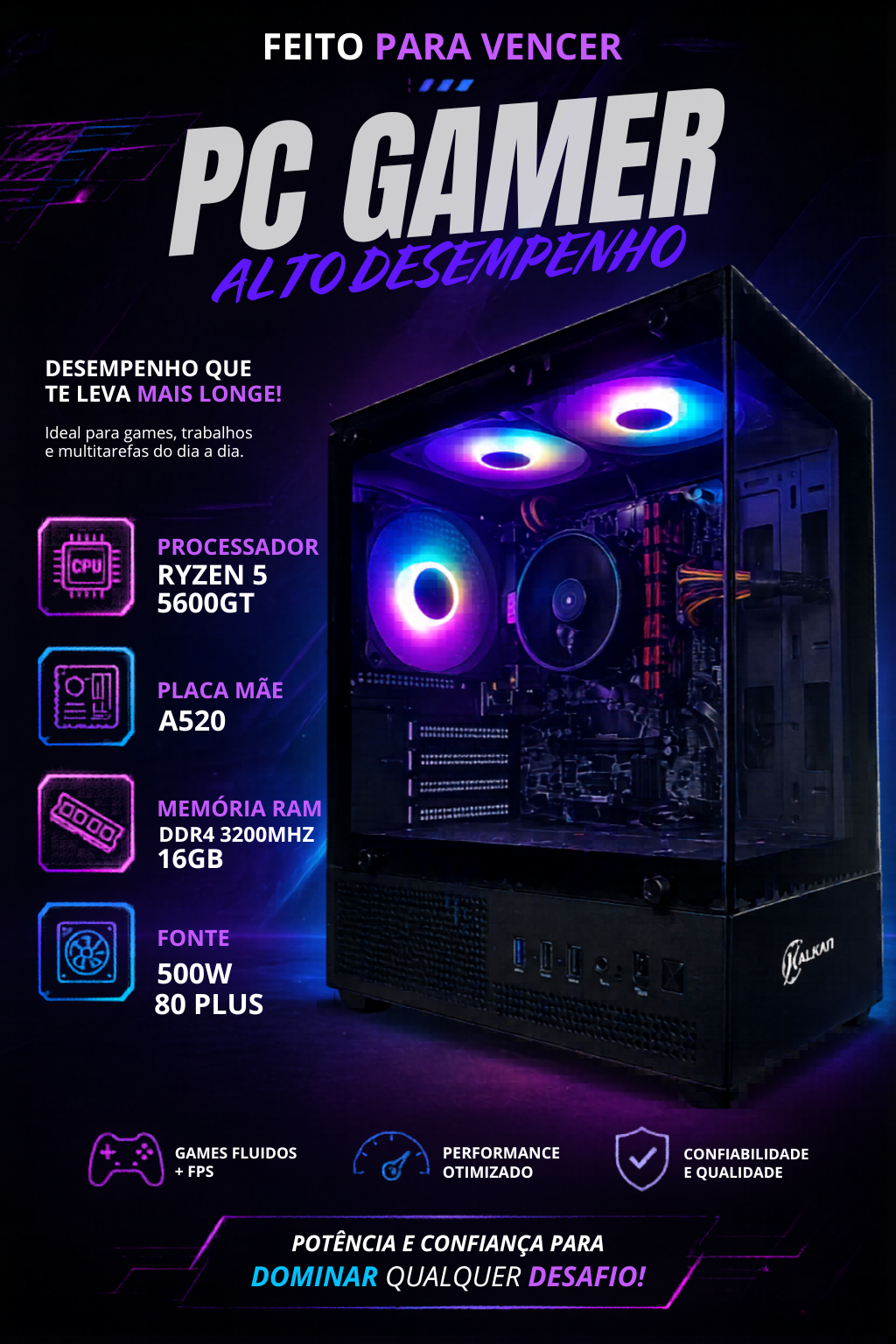 PC Gamer Completo AMD Ryzen 5 5600GT, 16GB DDR4 3200MHz, SSD 240GB