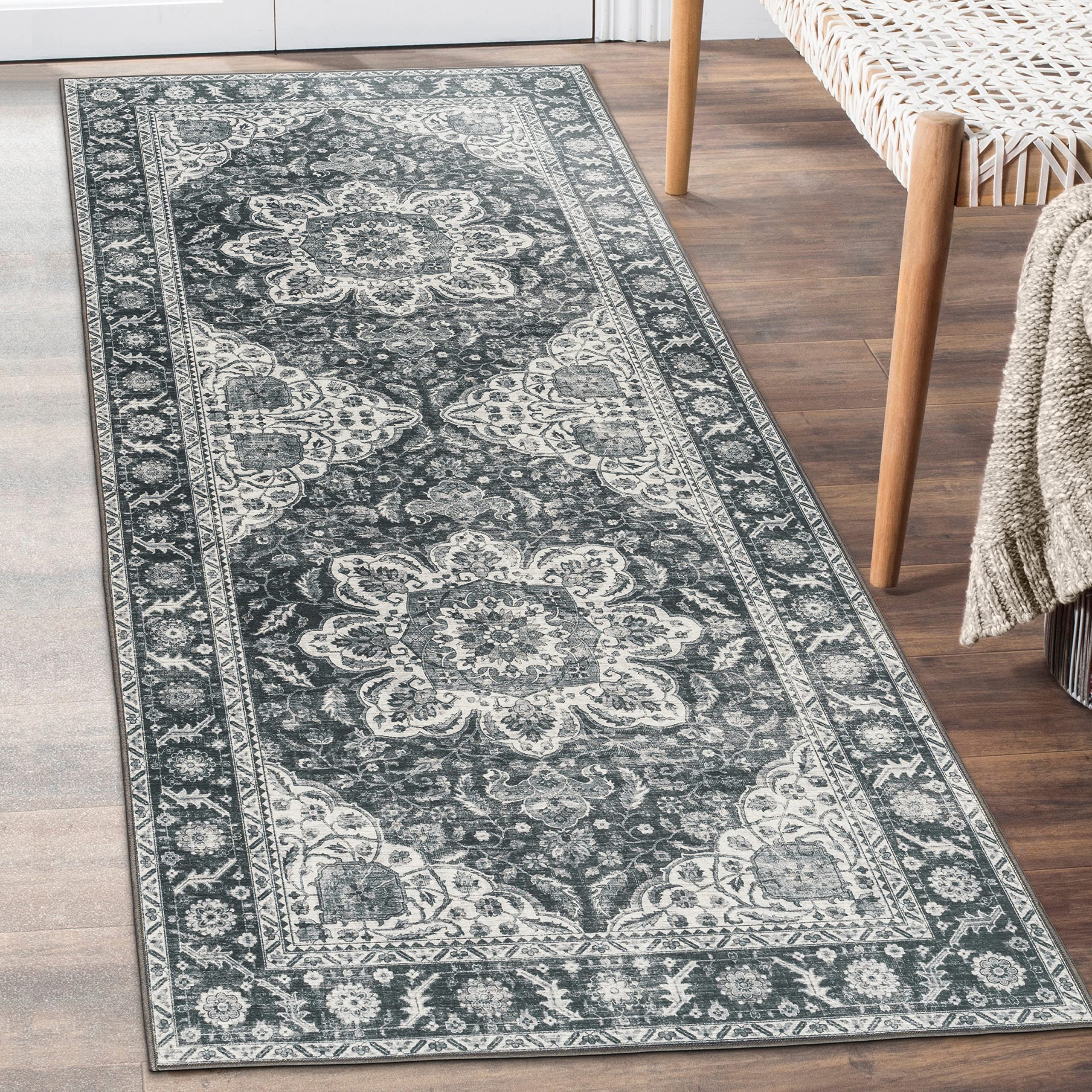 ReaLife Machine Washable Rug - Stain Resistant, Non-Shed - Eco-Friendly, Non-Slip, Family & Pet Friendly - Made from Premium Recycled Fibers - Joy Vintage Medallion - Charcoal Gray Ivory - 2'6" x 6'