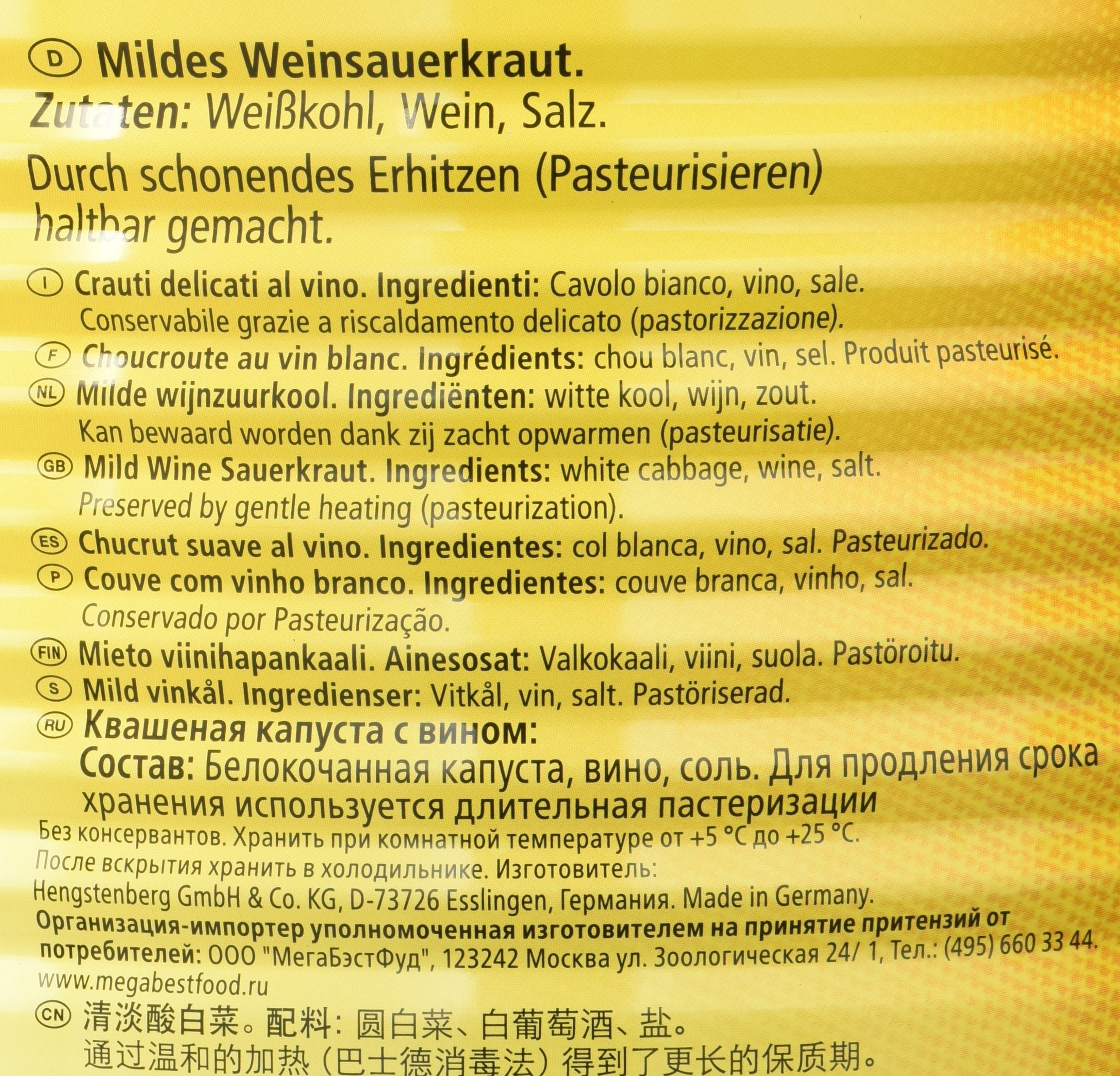 Hengstenberg Mildessa Weinsauerkraut 10/1, 1er Pack (1 x 9.7 kg)