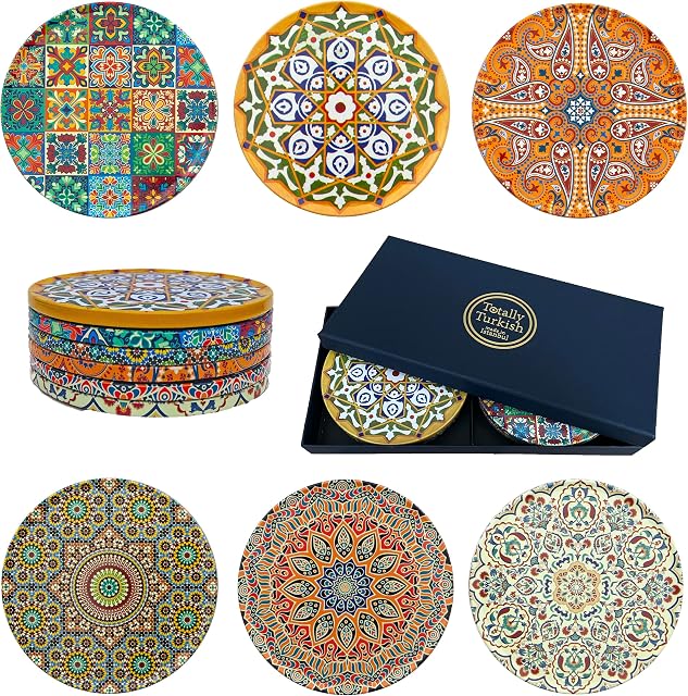Totally Turkish Patterned Drink Coasters Set of 6 Giftable Design Drinks Mat Set Non-Scratch Top With Non-Slip Cork Base (Galata)