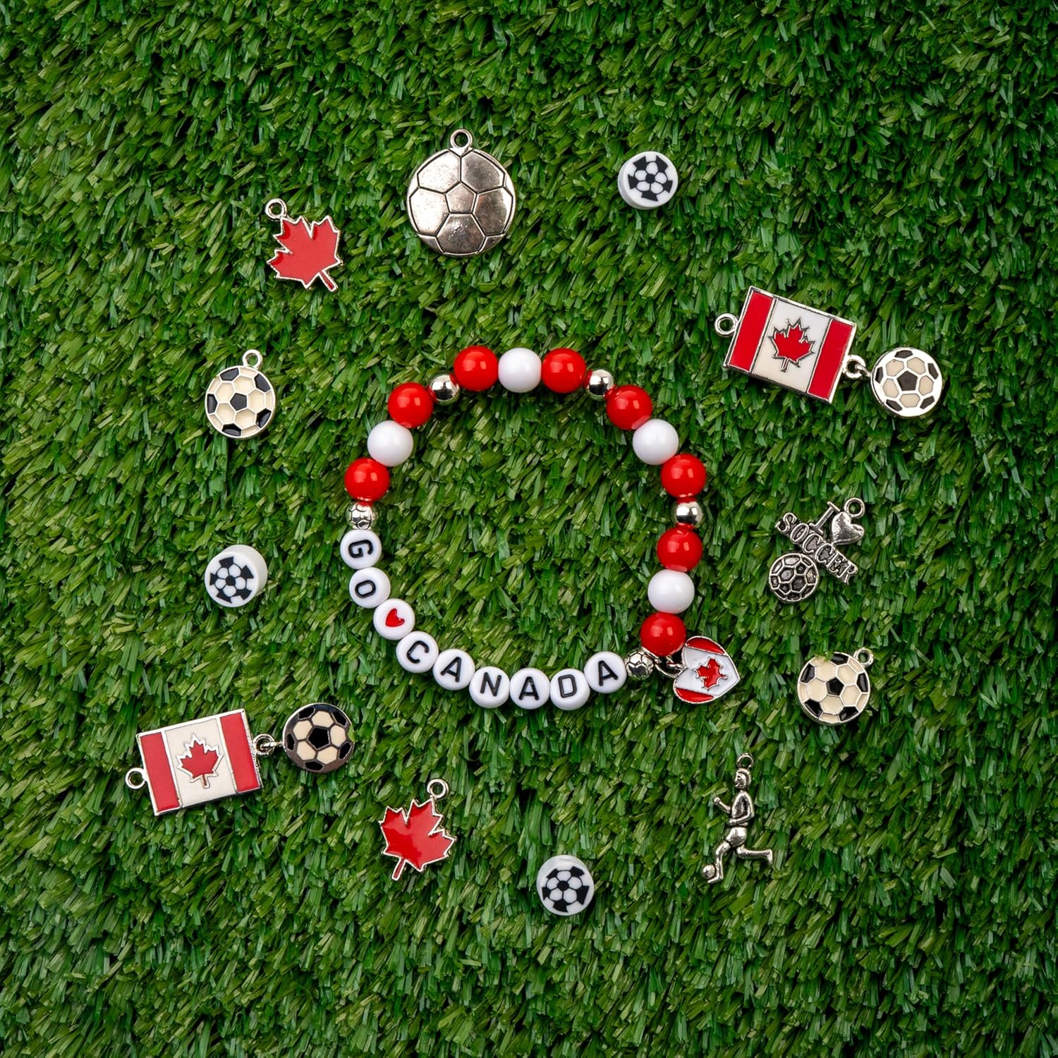 John Bead 29pcs Canada Flag Patriotic Beads Glass Charm Friendship Bracelet Jewelry Making Kit, World Soccer Game Day, Canada Day Accessories for Arts Crafts DIY Gifts