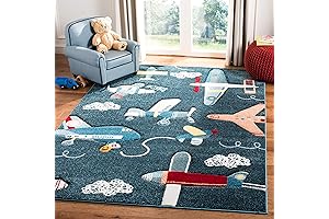 SAFAVIEH Carousel Kids Collection Airplane Nursery Playroom Area Rug (4' Square Navy/Ivory)