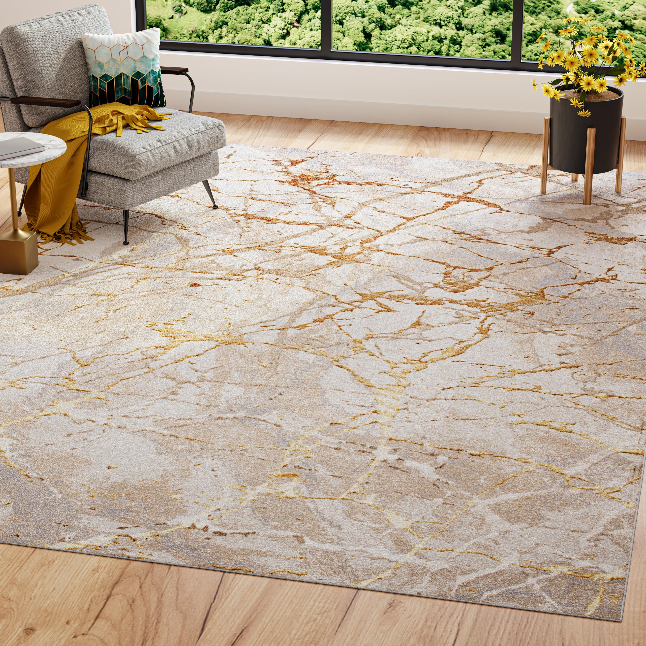 TAPISO Golden Tappeto Moderno Soggiorno Motivo Astratto Linee Filo d'Oro Sfumato Effetto Marmo Panna Oro Salotto Camera Sala Cameretta Ragazzi Oeko-Tex 160 x 230 cm