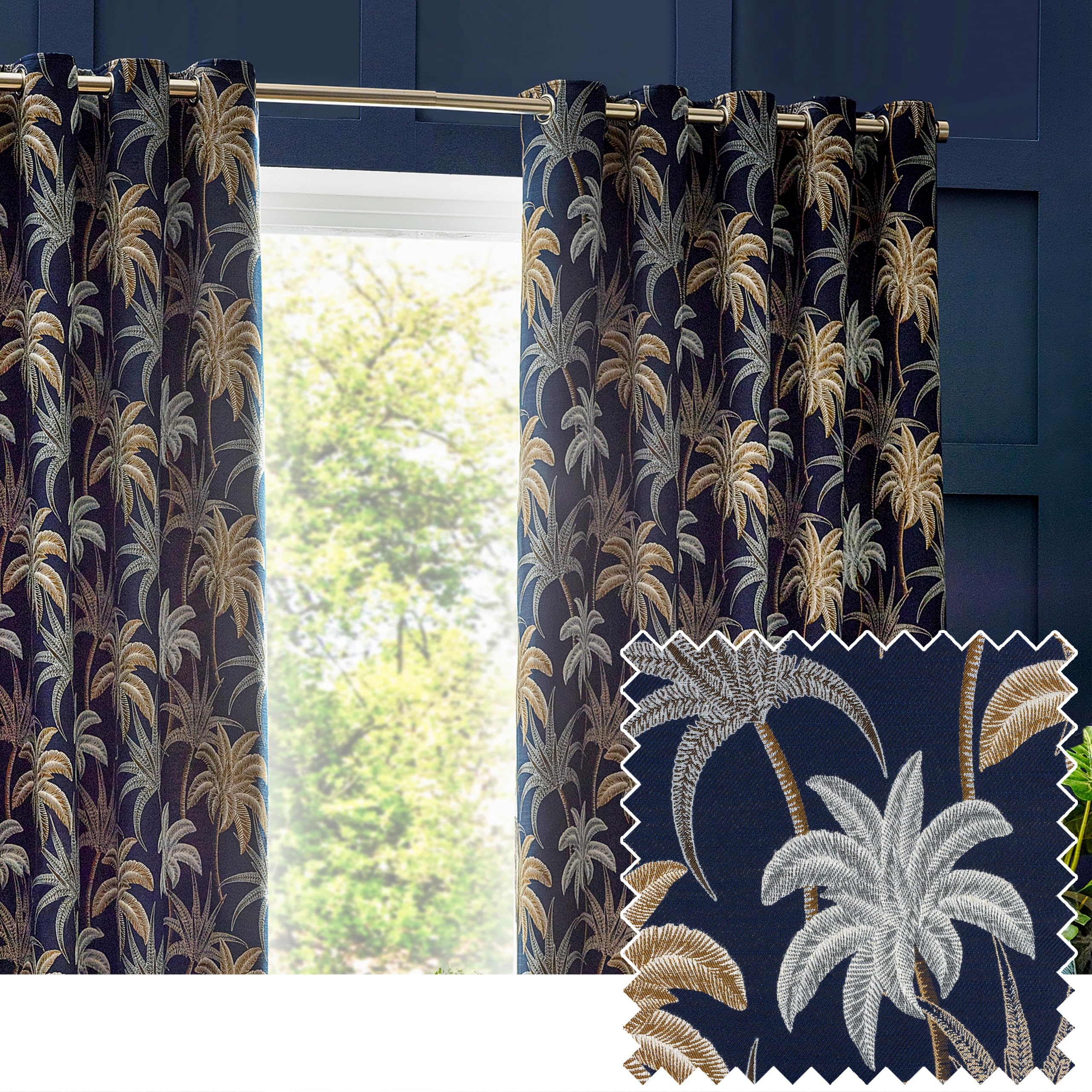 Wylder  Galapagos Jacquard Eyelet Curtains - Navy - 168 x 137c