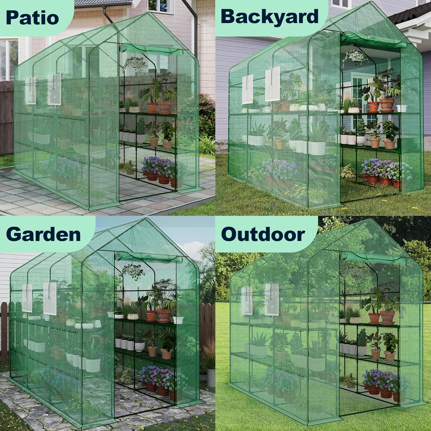 Heavy Duty Portable Greenhouse, 57" w x 85" l x 77" h Walk-in Garden Greenhouse with Thick PE Cover, Mesh Door, Screen Windows, 3-Tier 18-Shelf System for Outdoor Plants
