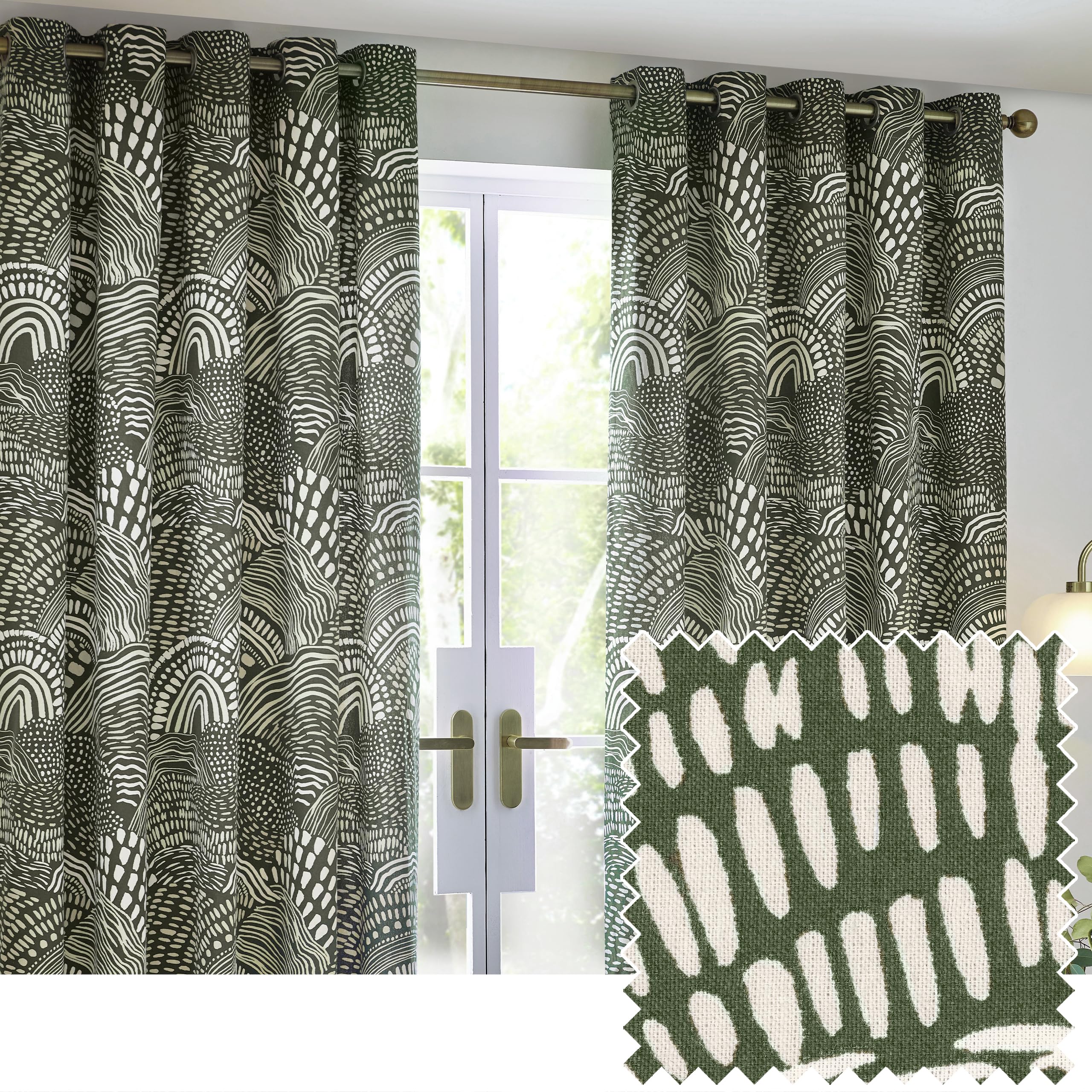 Hoem Nola Olive Abstract Eyelet Curtains - 100% Cotton - 117 x 137cm - Green