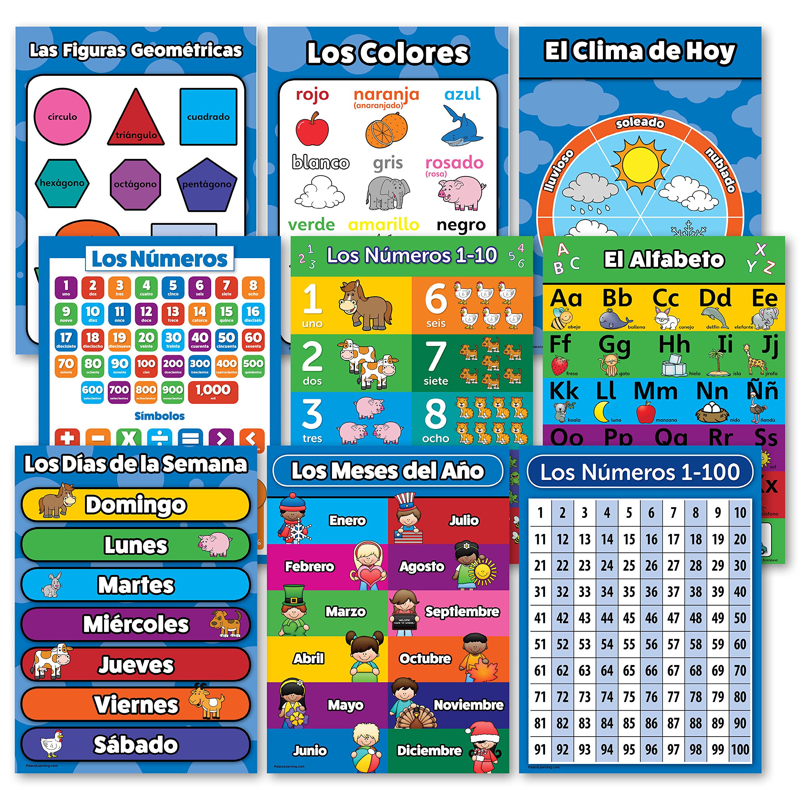 Buy Spanish Toddler Learning Kit 9 Educational Preschool Charts ABC 