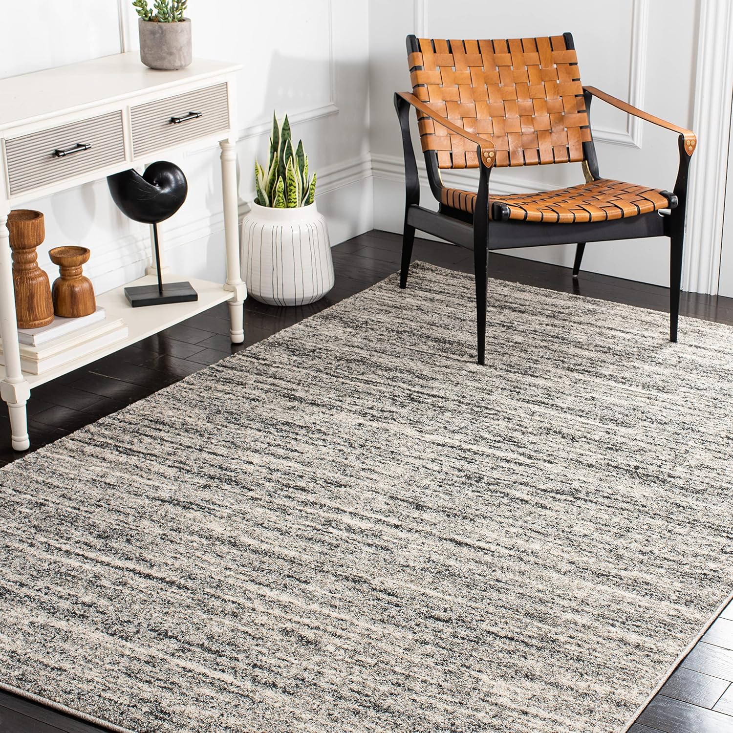 Ivory and Grey Abstract Synthetic Area Rug