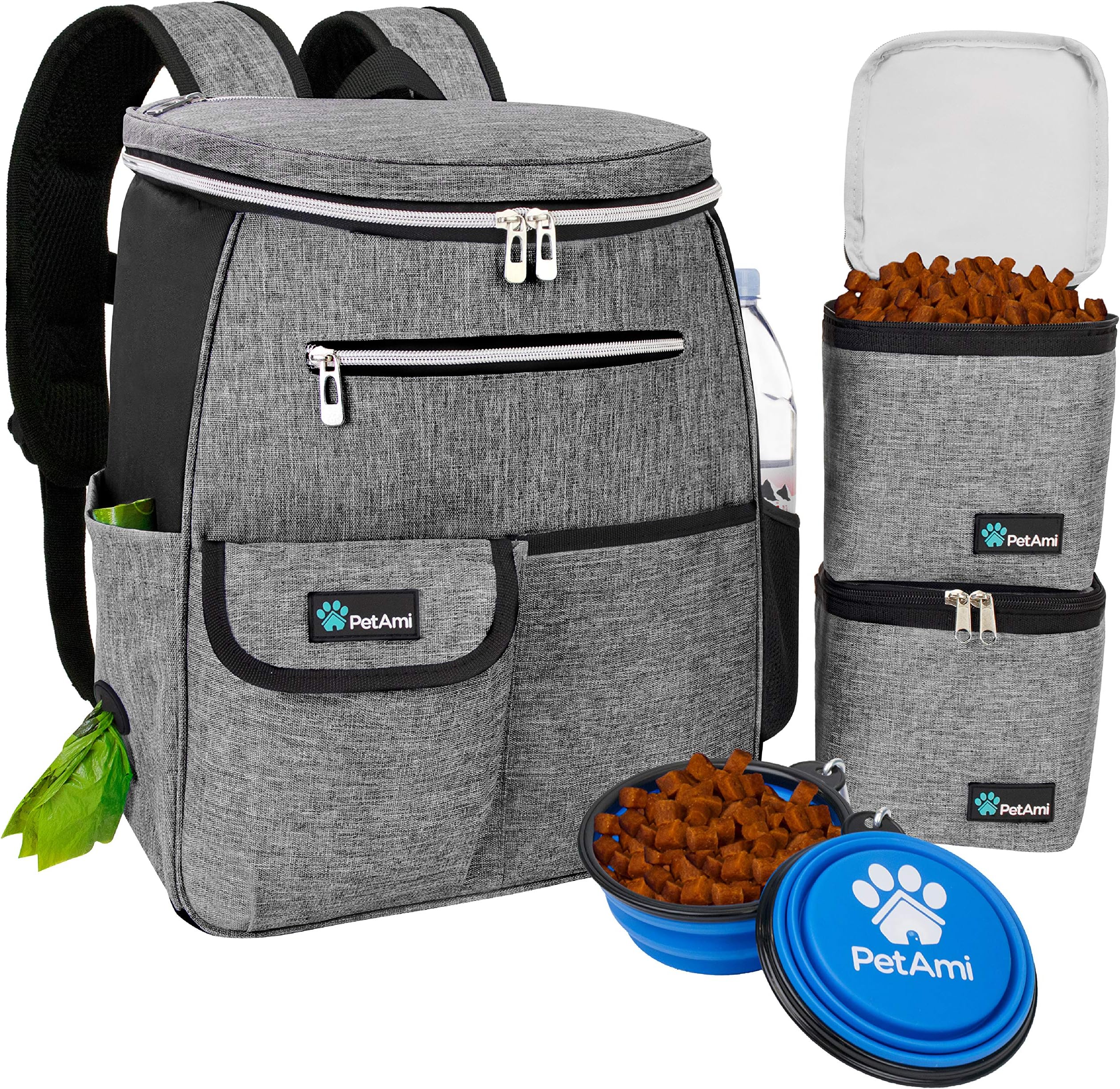 PetAmiDog Travel Bag Backpack, Airline Approved Dog Bags for Traveling, Puppy Diaper Bag Supplies, Pet Camping Essentials Hiking Accessories Dog Mom Gift, Food Container, Collapsible Bowls, Gray