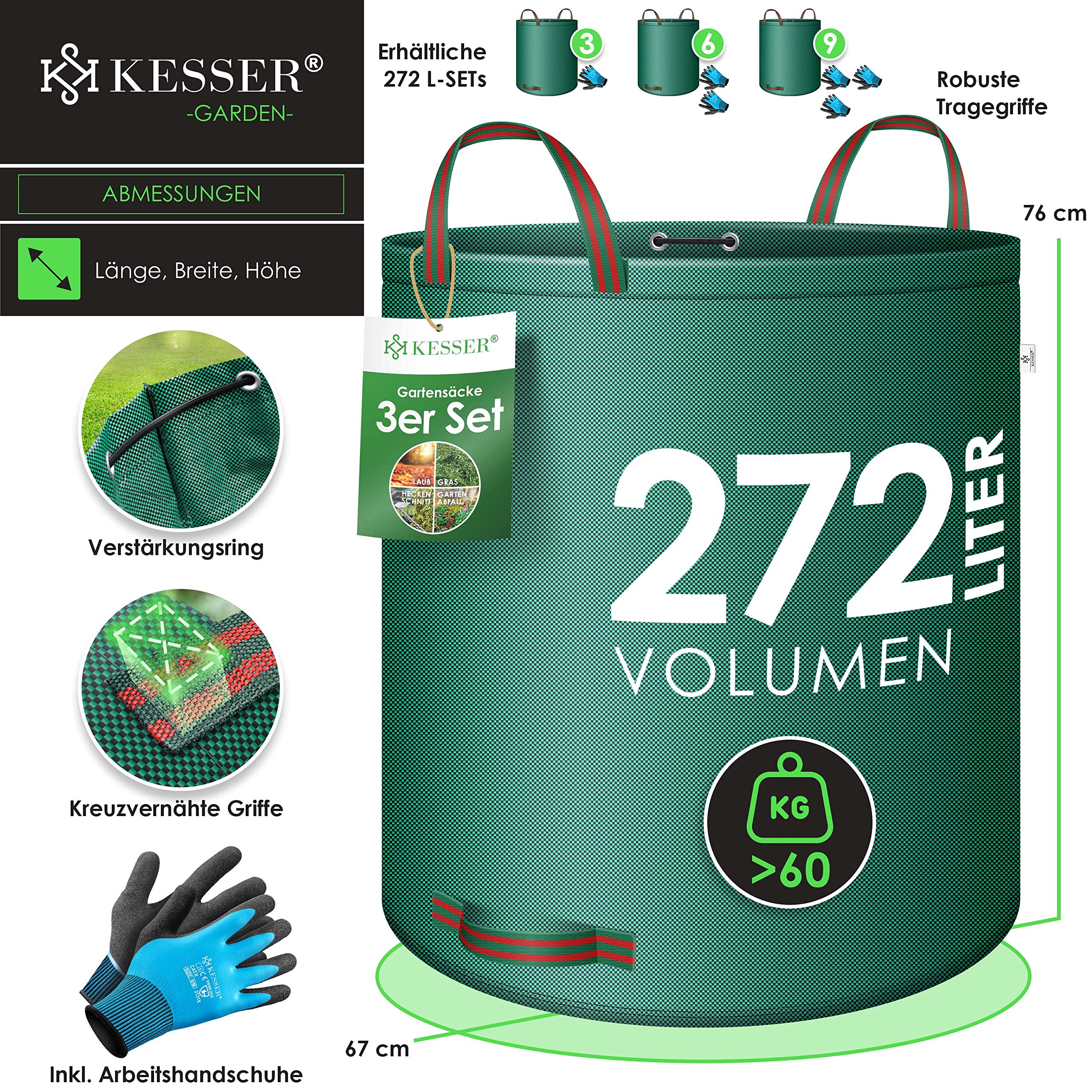 KESSER® Set di sacchi per foglie Sacco per rifiuti da giardino incl. Guanti, Robusto e pieghevole, Sacchi per foglie e l'erba tagliata Sacchi per rifiuti da giardino, 3x 272 Litri, Verde