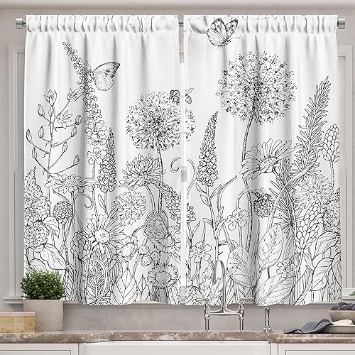 Ambesonne Cortinas florales de cocina, estilo dibujado a mano con varias flores, hojas y hierba, juego de 2 paneles para decoración de cocina y