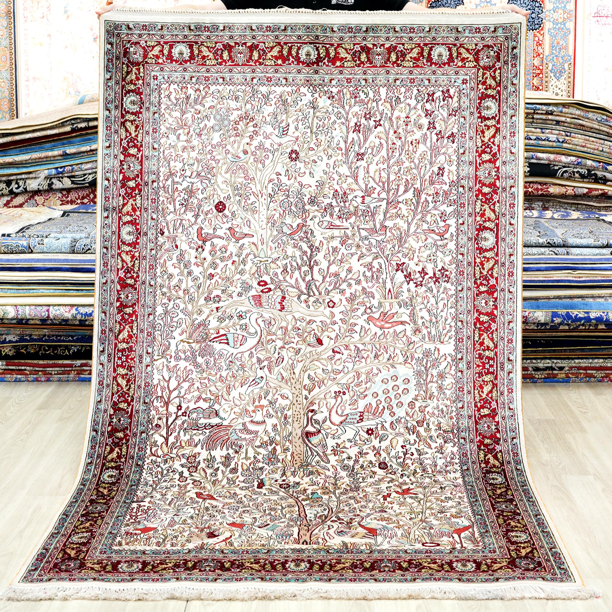 Silk Carpet 4x6 Pink Hand Woven Traditional Vintage Luxury Oriental Silk Area Rug for Bedroom