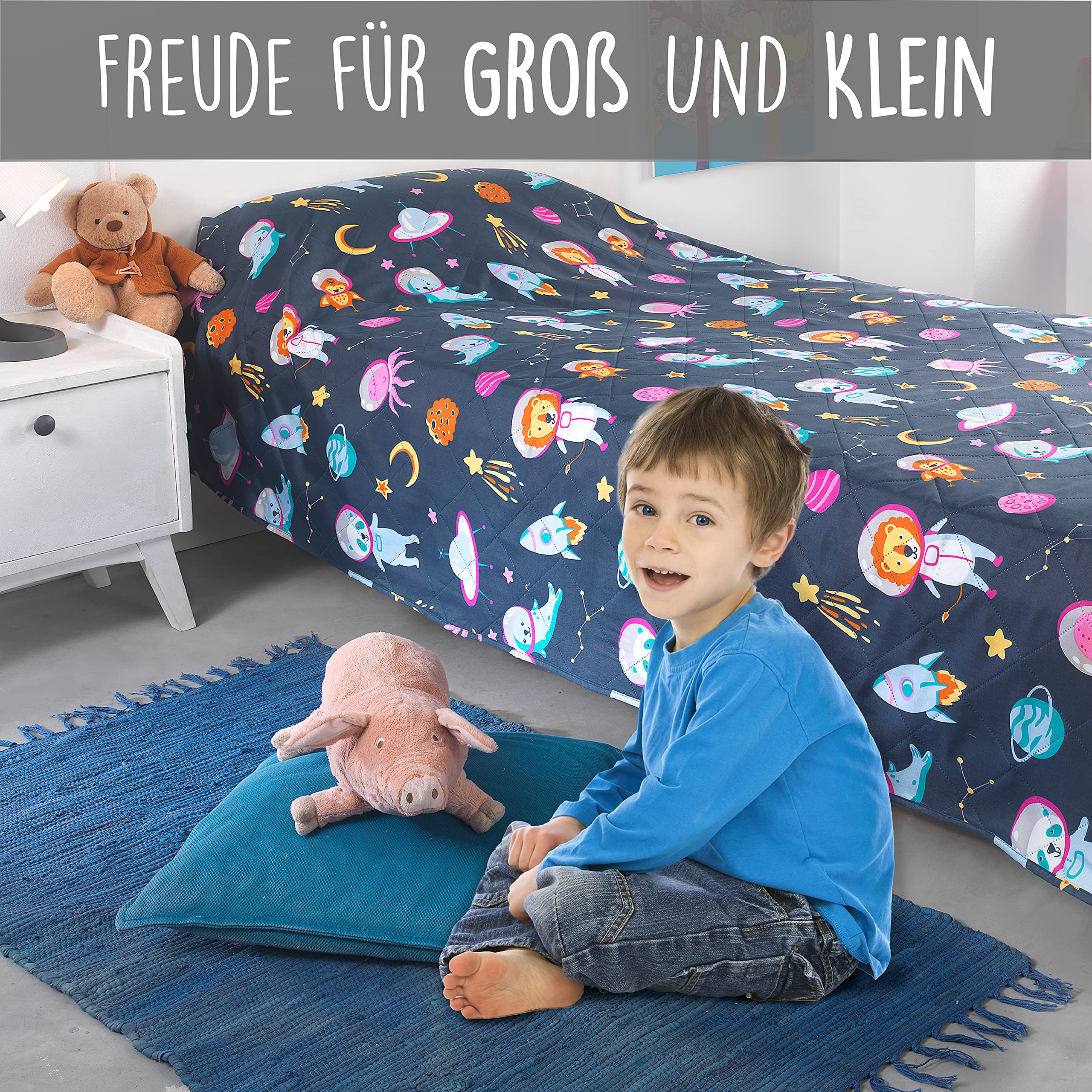 Kuscheli® Kinder Tagesdecke für Kinderbett Weltraum Spieldecke Kuscheldecke Krabbeldecke Bettüberwurf Baby
