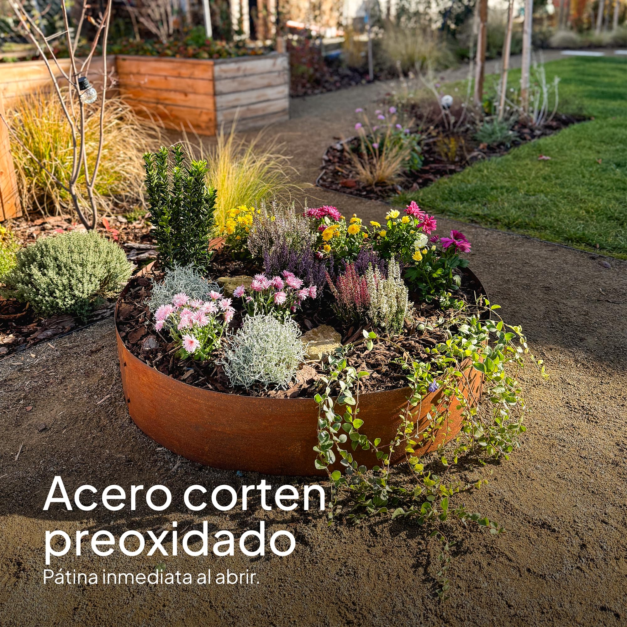 UNIGARDIA Anillo para Árbol de Acero Corten Ø 100 cm, Borduras Jardín Metálica de 20 cm de Altura - Bordura Circular con Pátina de Óxido - Aro Metálico Oxidado para Alcorques, Incluye 1 Par de Guantes