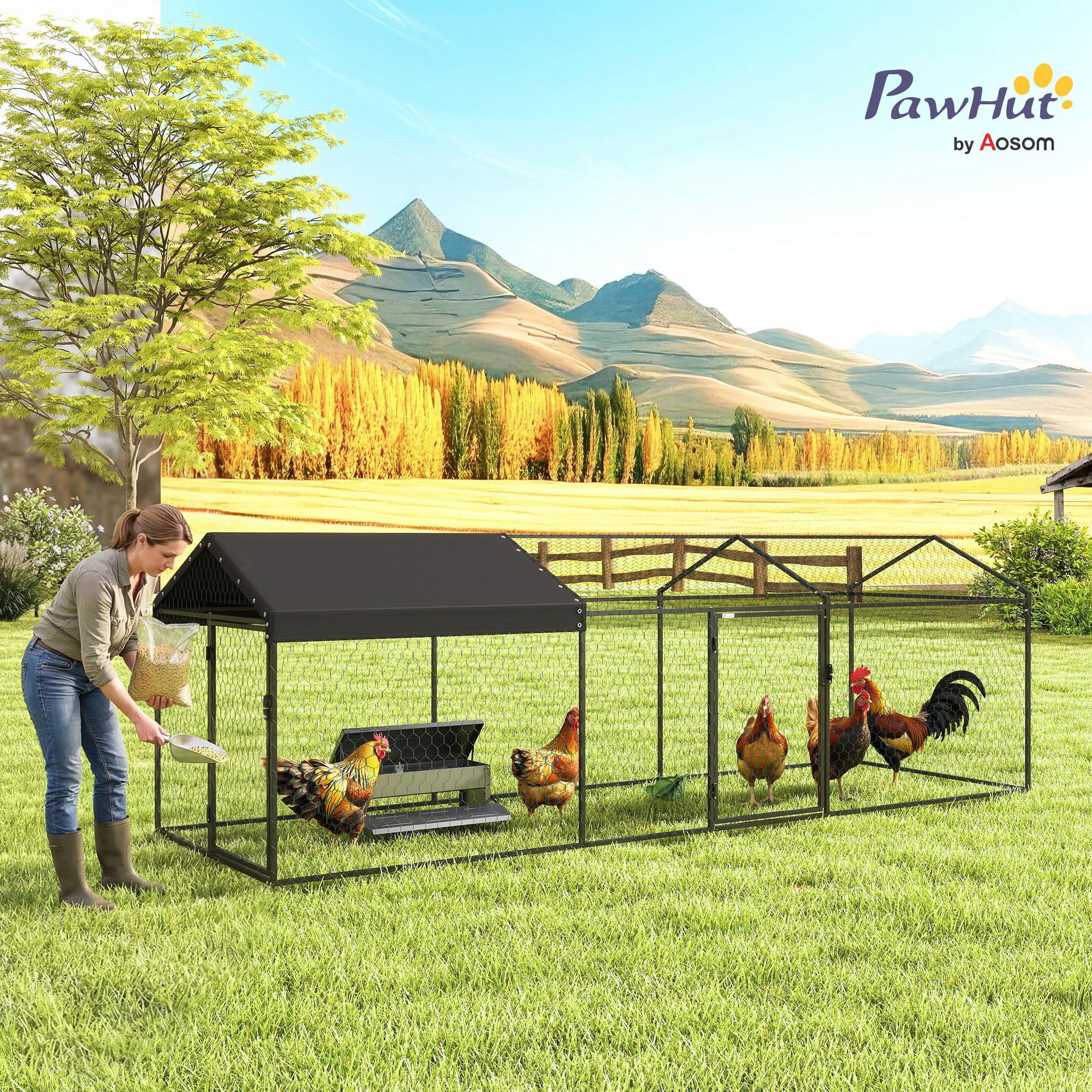 PawHut Gallinero Exterior Grande 3x1x1 m Metálico Cubierta Tela Oxford Anti-UV Impermeable 2 Puertas Cerradura Jaula 3-5 Gallinas Negro