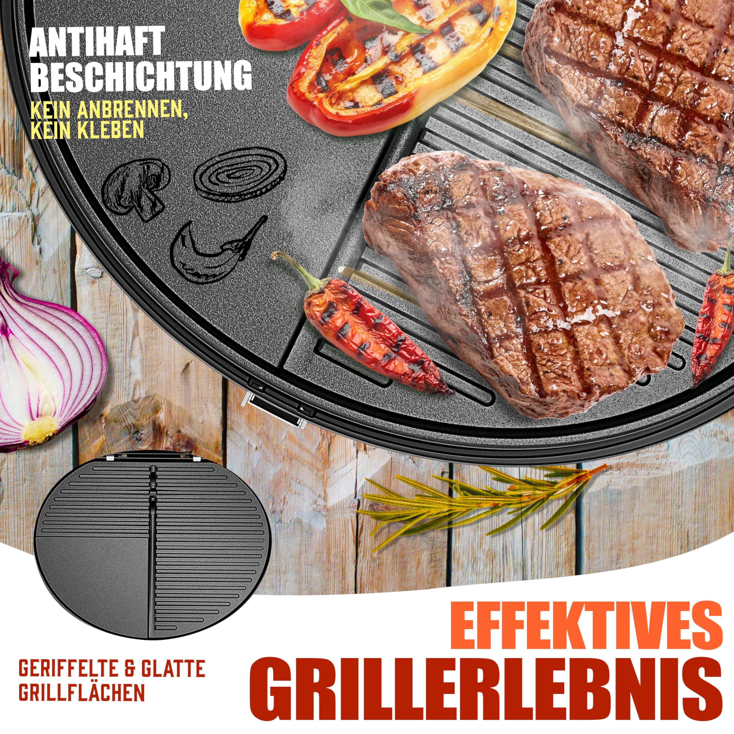KESSER® elektrischer Elektrogrill 2in1 Tischgrill - Standgrill mit Deckel und Standfuß | max. 2400 Watt | Faltbar | Thermostat | Antihaftbeschichtung | Grillplatte Abstelltische | 2 Räder