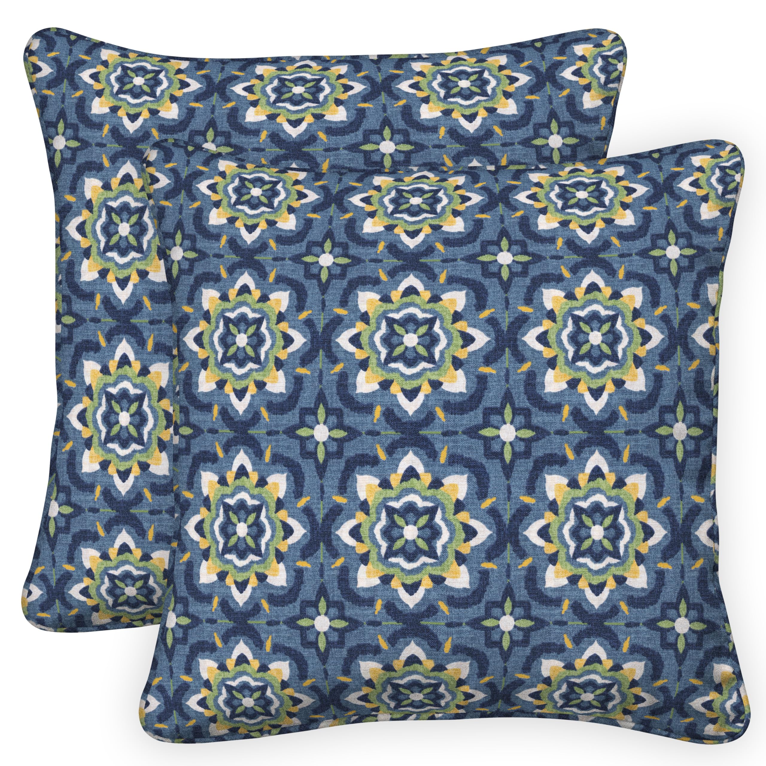 Honeycomb Outdoor Square Toss Pillow Cover 2-Pack, 18 x 18, Medina Medallion Blue Pillow Slipcovers for Patio Furniture