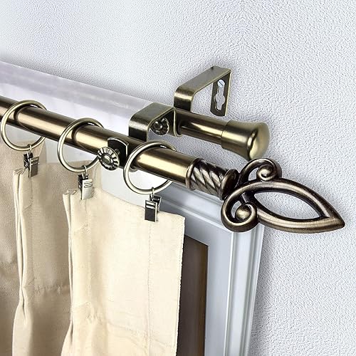 Miniatura 3 de Rod Desyne Crest - Juego de barras de cortina de doble ventana, 120 a 170 pulgadas, latón antiguo