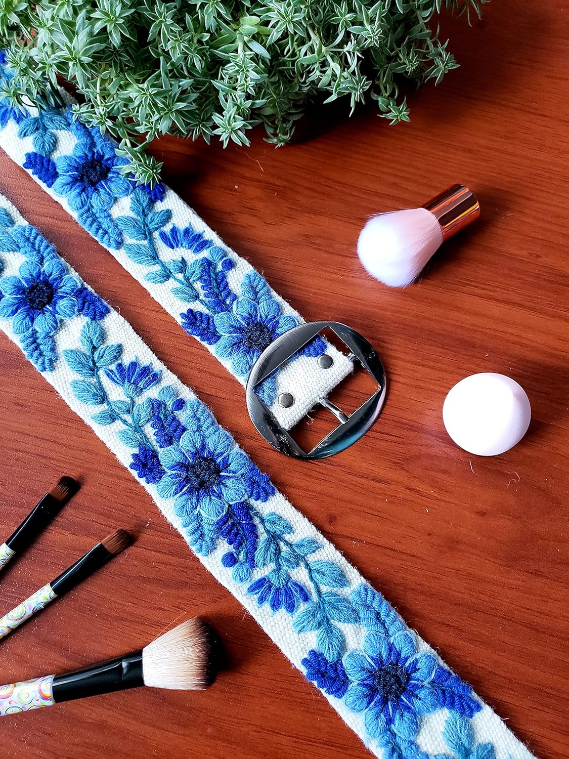 Ivory belt with electric blue flowers, handmade embroidered with natural wool in Peru, artistic floral design, woman gift, XS - 3XL