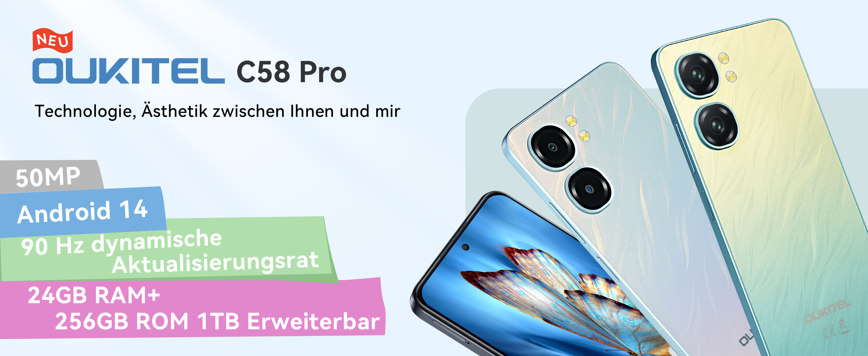 OUKITEL C58 Pro Smartphone Ohne Vertrag Android 14-24GB+256GB 50MP