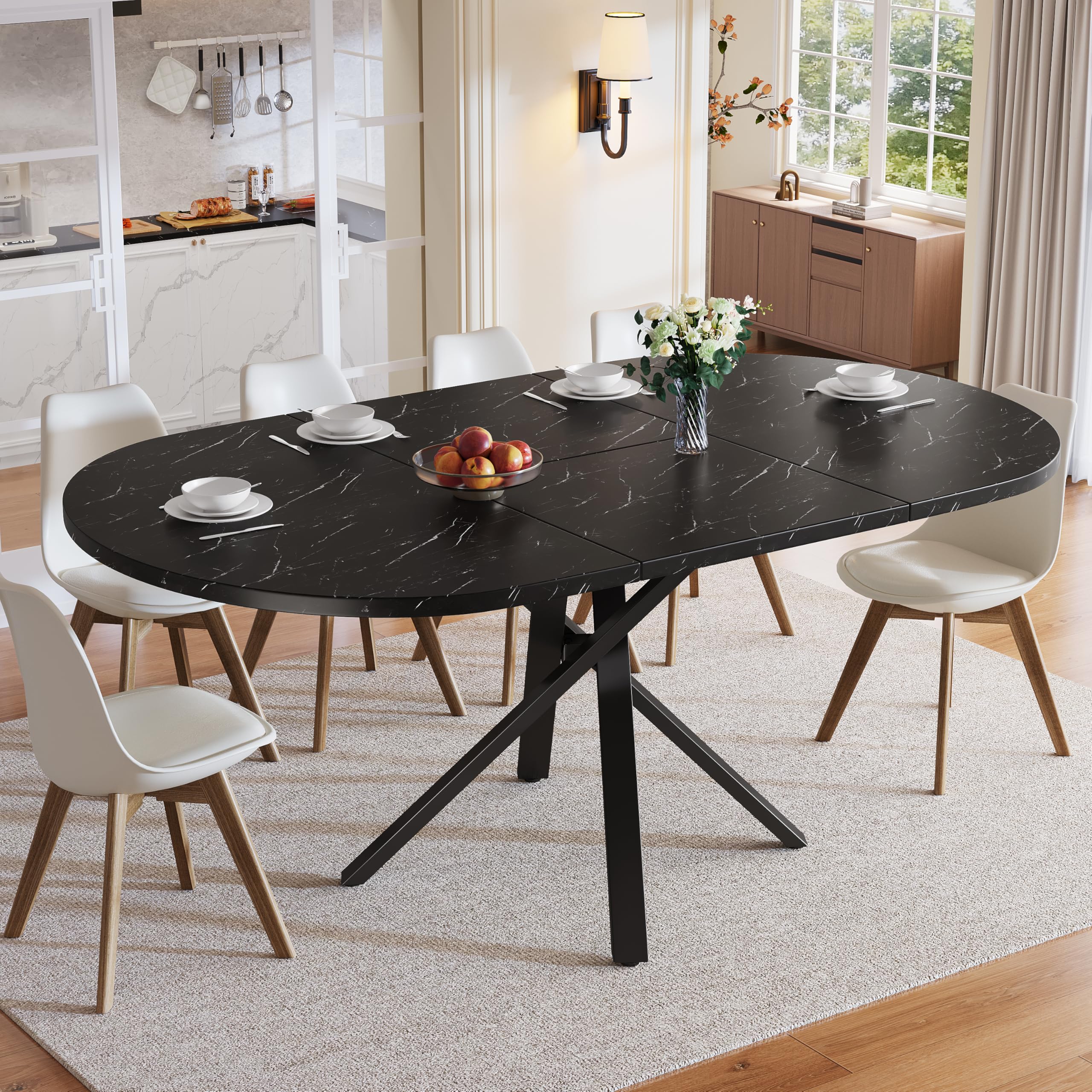 Tavolo allungabile rotondo con effetto marmo, 100 cm (allungabile a 140 cm) x 75,5 cm di altezza, con robusta struttura in metallo a X di colore nero, ideale come tavolo da cucina o tavolo