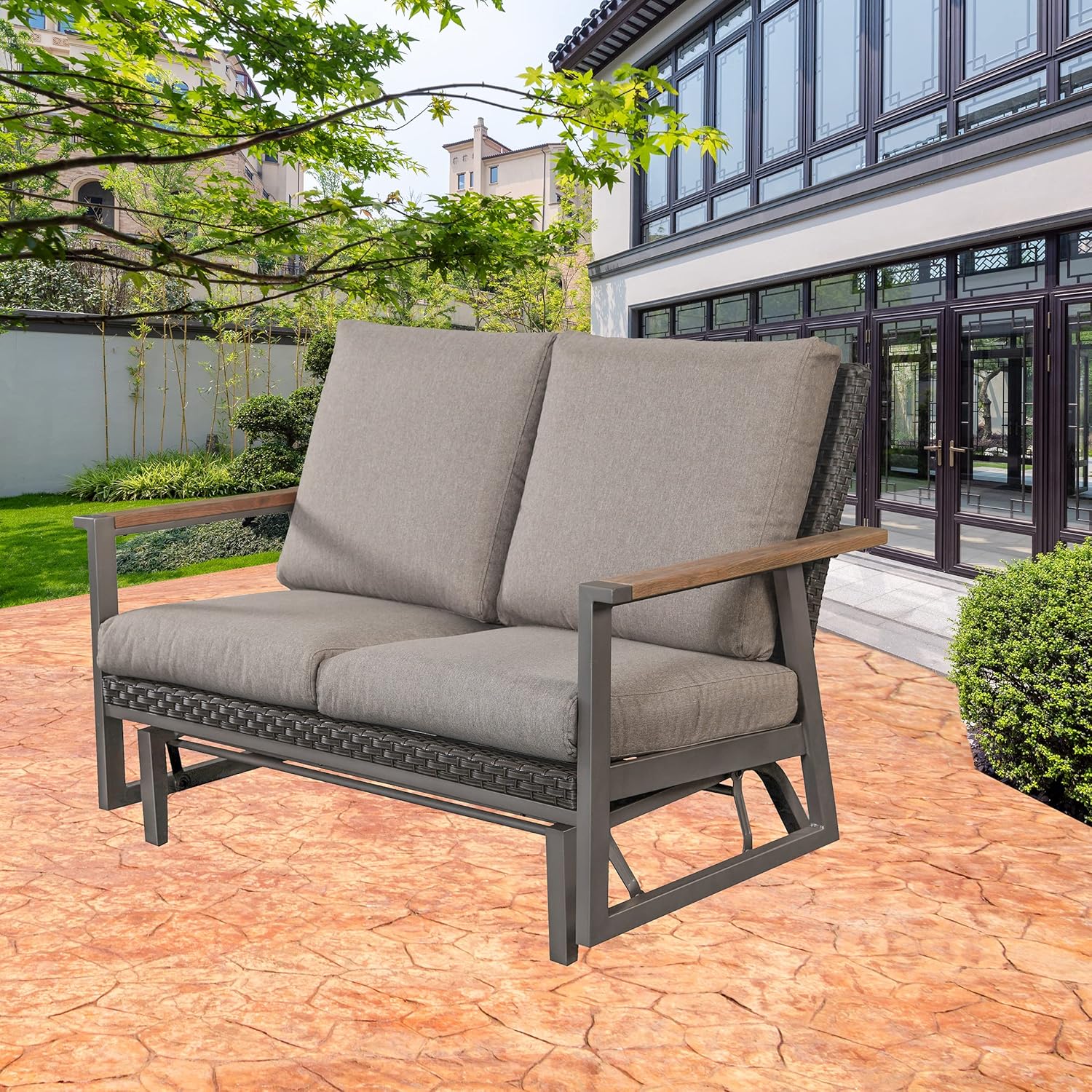 LOKATSE HOME Patio Glider Rocking Chair Outdoor 2 Person Bench Metal Swing Loveseat with Faux Wood Armrest, Wicker Backrest and Thick Cushion, Grey : Patio, Lawn & Garden