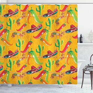 Ambesonne Mexican Shower Curtain, Elements with Cactus Hat and Chili Pepper Pattern Over Grunge Background Print, Cloth Fabric Bathroom Decor Set with Hooks, 69" W x 70" L, Dark Yellow