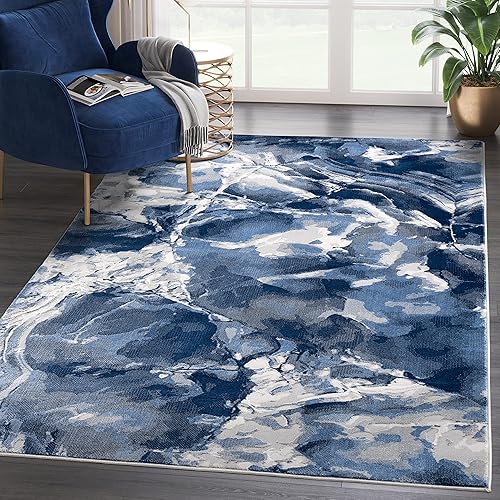Abani Rugs - Alfombra contemporánea con diseño de mármol azul y gris, de 6 x 9 pies, diseño moderno de remolino, acuarela, no desprende pelusa, para