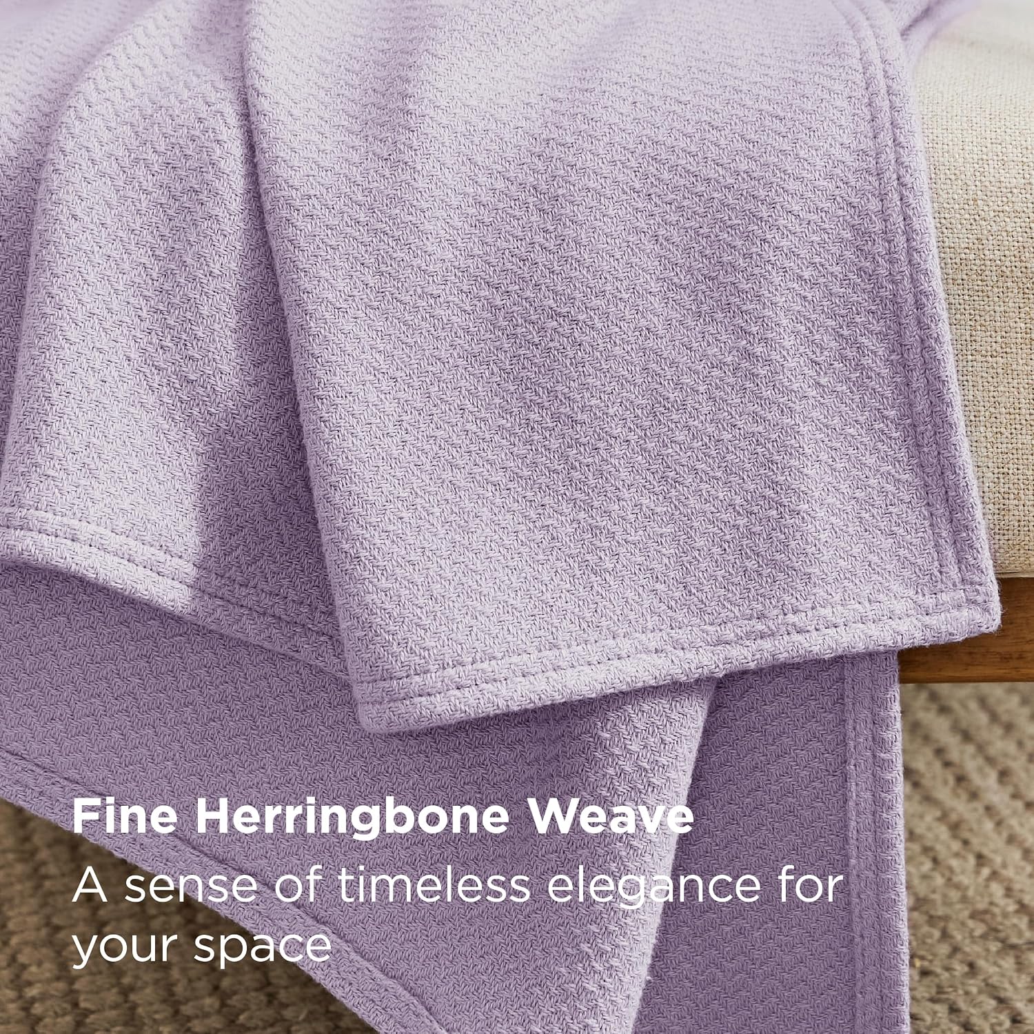 Bedsure GentleSoft 100% Cotton Blanket King Size for Bed - Breathable and Lightweight, Soft Cozy Textured Herringbone Woven Blanket for Summer, Light Purple, 108x90 inches thumbnail