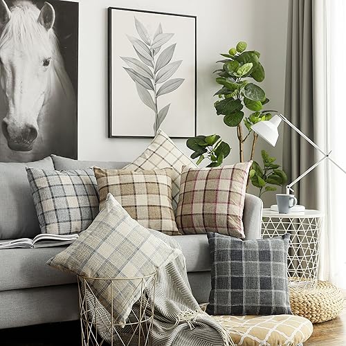 Miniatura 7 de UGASA - Funda de almohada decorativa cuadrada de lino y algodón con cremallera oculta, 18 x 18 pulgadas, 2 unidades, natural + niño pequeño azul