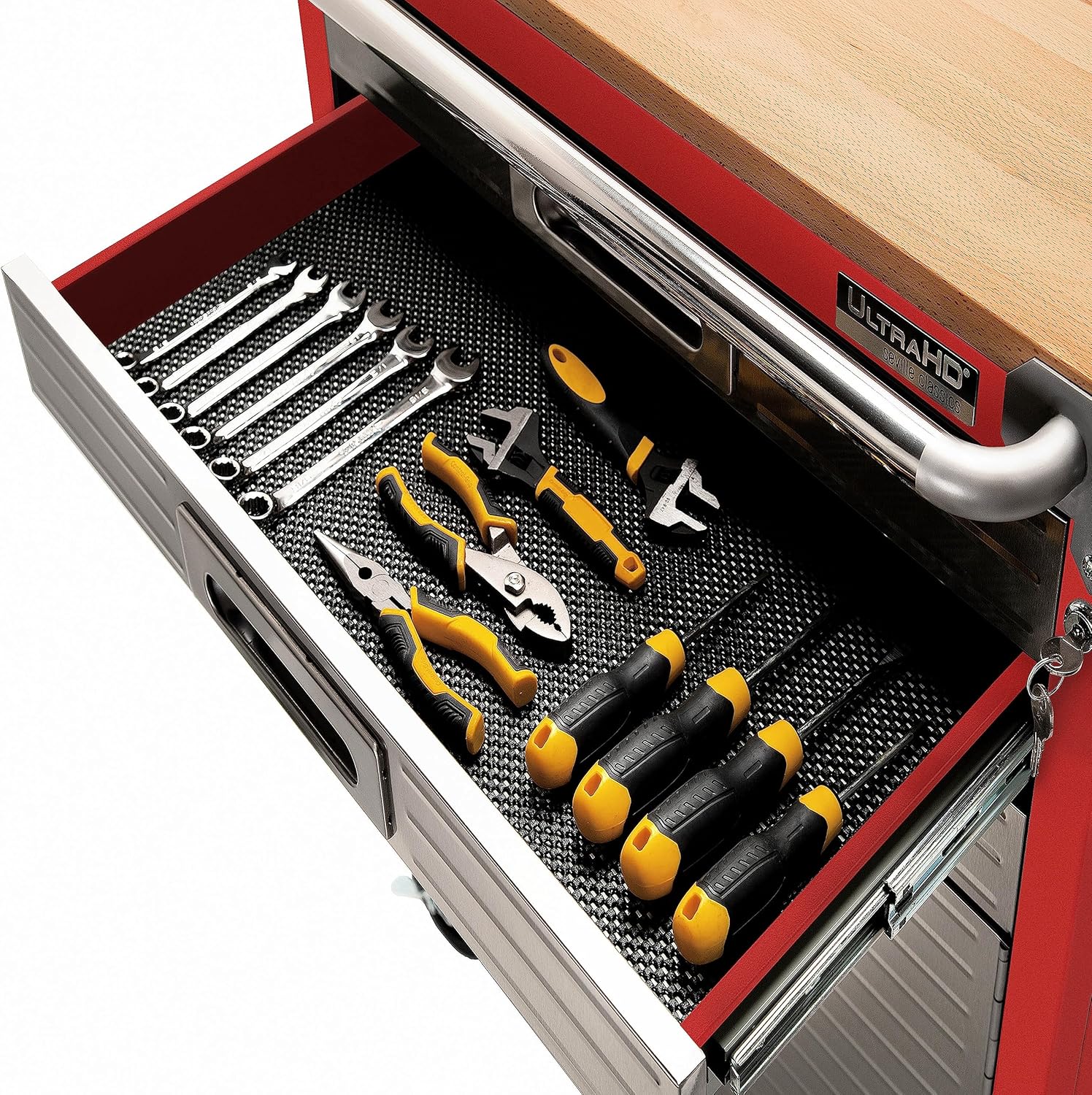 Seville Classics UltraHD Heavy Duty Rolling Cabinet Workbench Table w/Solid Wood Top, Workstation for Garage, Office, Workshop, Red, 6-Drawer (28" W x 18" D