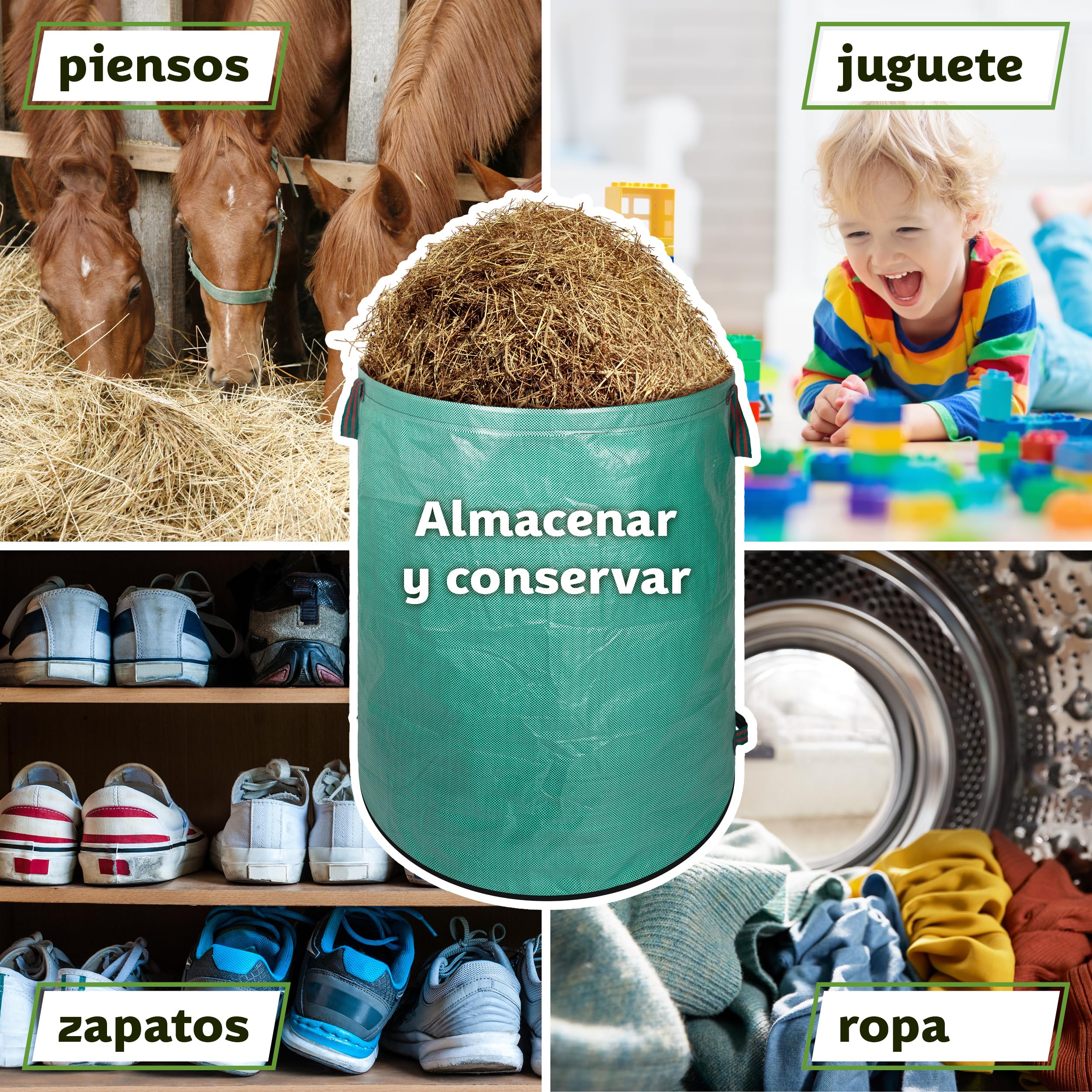 TTL Garden - Bolsas de jardín (500 L, doble fondo extra estable, autoportante, 4 asas de 150 g/m², extra grandes y robustas y plegables, juego de 2 bolsas de jardín, para hierba, hojas,
