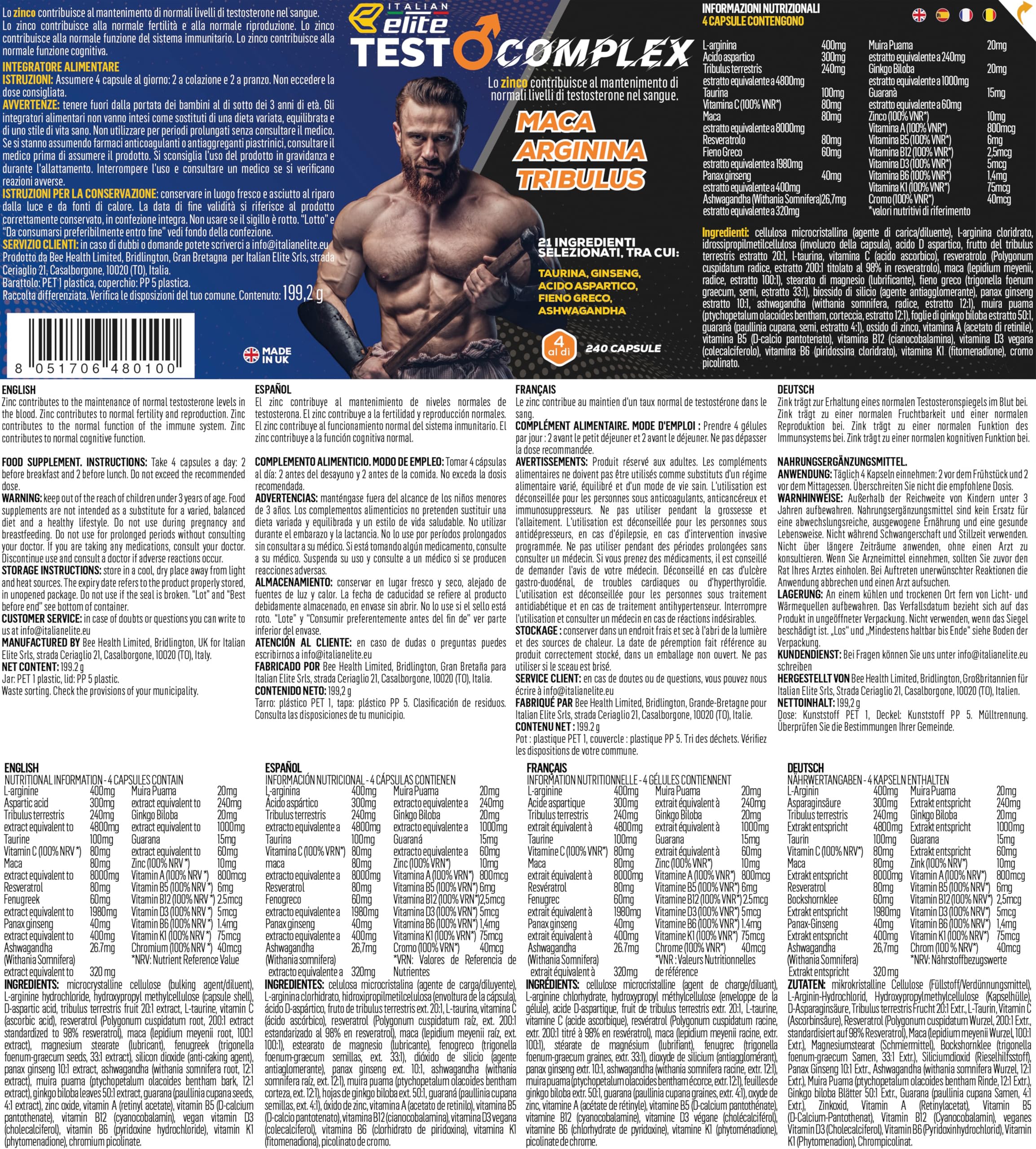 Italian Elite Testo Complex 240 Gélules - Formule avec Maca 8000 mg, Tribulus, Fenugrec, Zinc, Arginine, Taurine, Ashwagandha, Vitamines et Minéraux