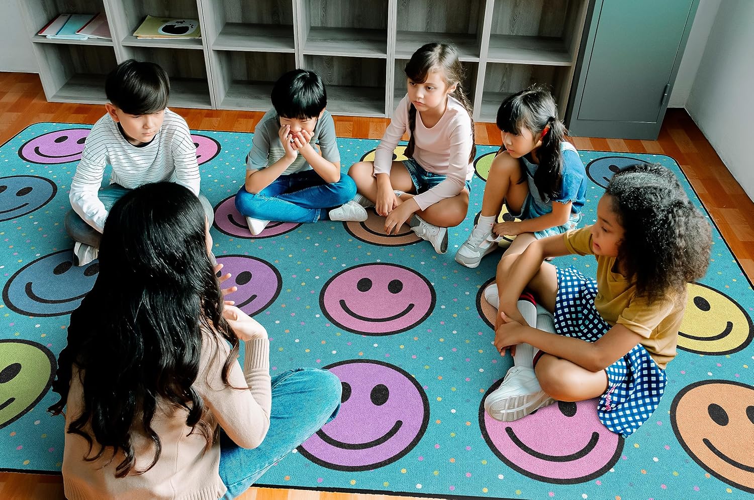 Flagship Carpets Smiley Seating (Seats 24) Classroom Area Rug or Educational Learning Mat, Carpet for Kids Room, Seating Rug or Playroom Carpet, 7'6'' x 12', Blue