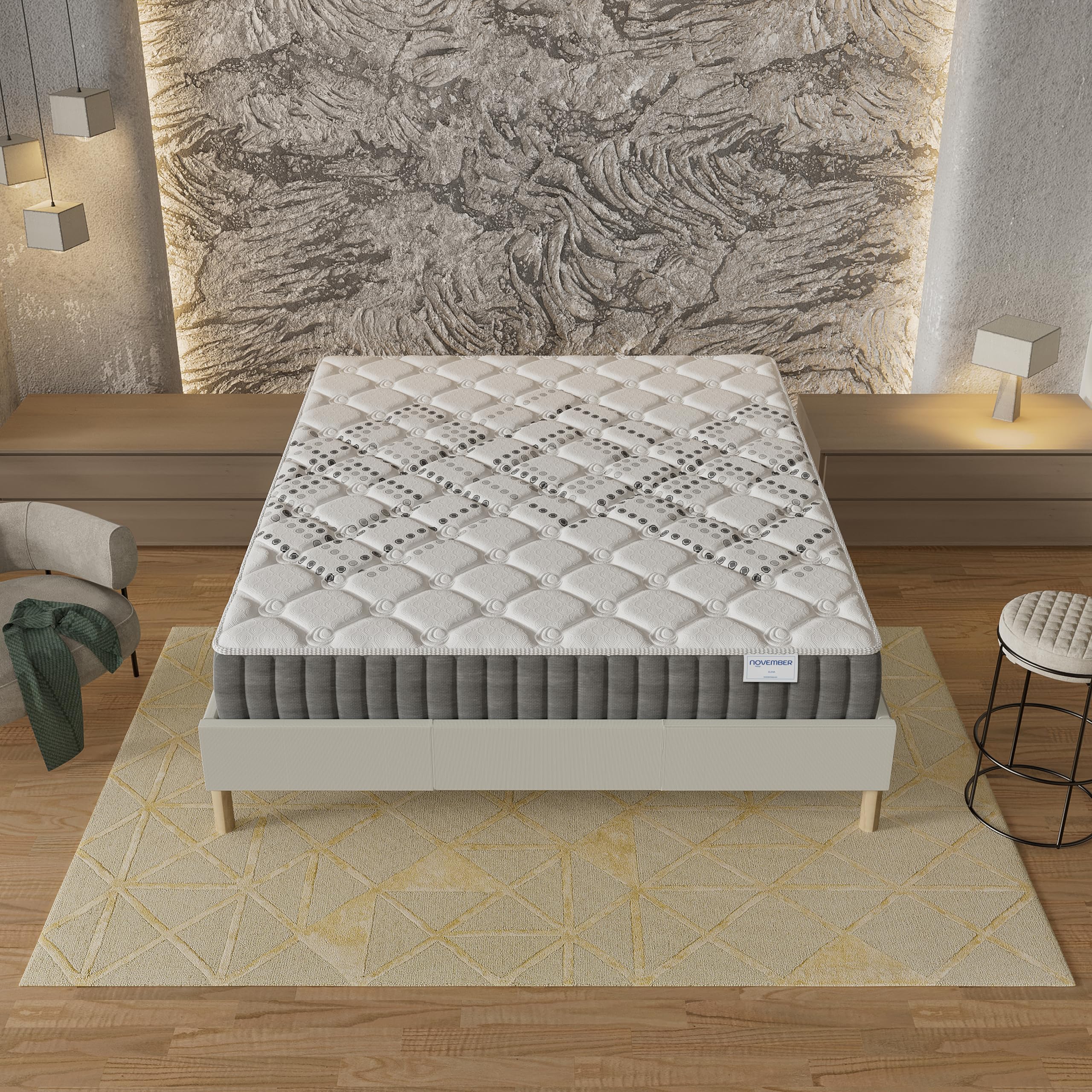 NOVEMBER- Ensemble Matelas + sommier (120 x 190cm)- Matelas Eliha Ressorts ensachés & Mousse Haute Densité d’épaisseur 20cm + Sommier Bois Stable & Robuste revêtement Tissu Blanc