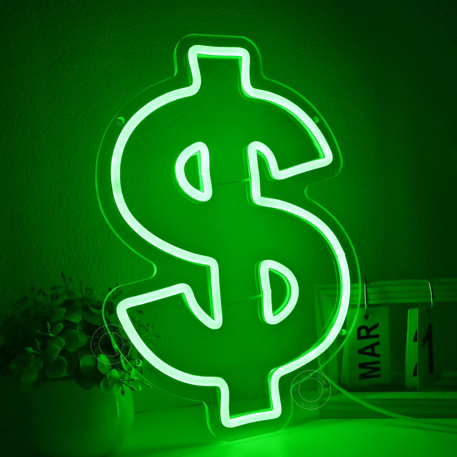 Image of SYLHOME Dollar Led Neon Light Sign Green Money Home Office Store Wall Decor | Business Shop Bar Business Company Bedroom Wall Neon Light Sign Decor Birthday Christmas Party Gift Decor, 13.78 inchX9.65 inch, USB